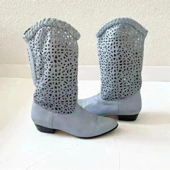 Vintage 80s Steve Fleming Western Blue Mid Calf Boots Perforated Cut Out Boho - Picture 2 of 9